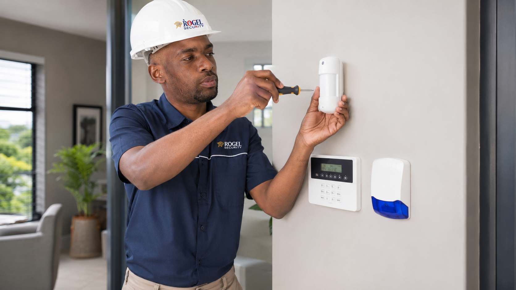 Rogel technician installing an alarm sensor