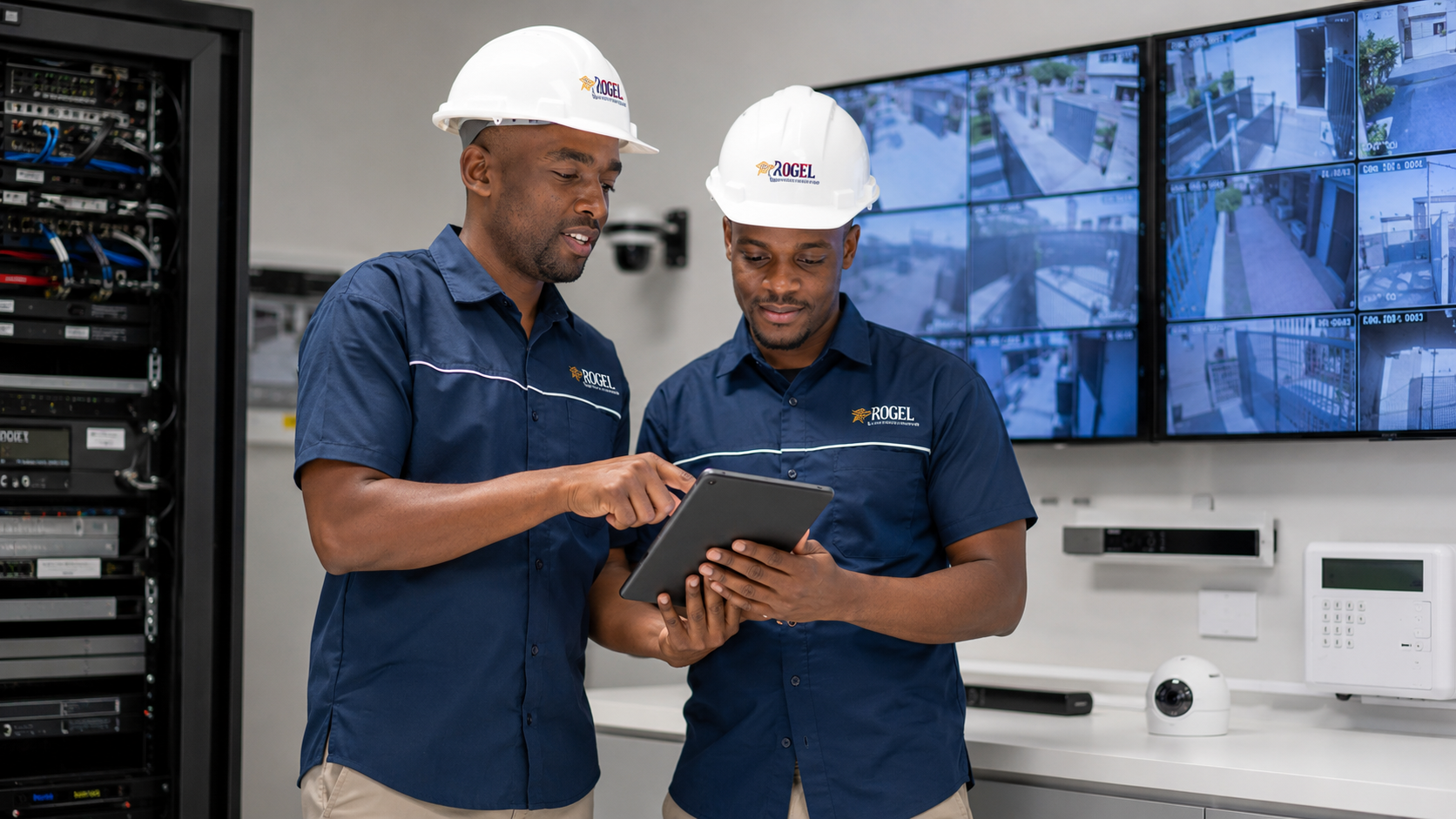 Rogel Security electronics technicians reviewing surveillance systems